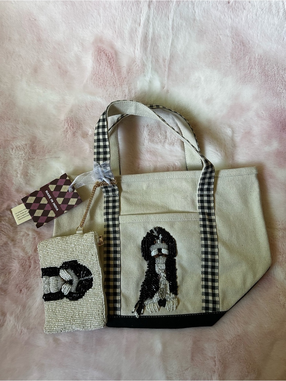 Beaded Dog Canvas Mini Tote with Matching Pouch - NWT Made in India
